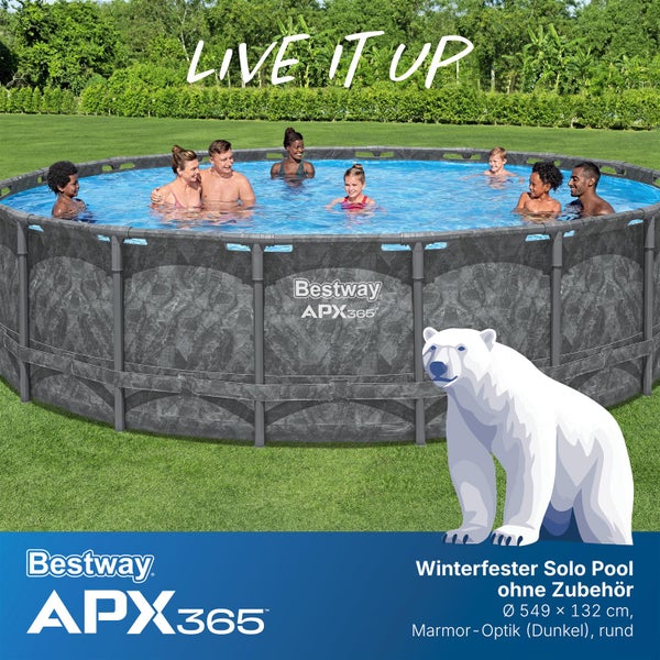 Bestway APX365 Winterfester Solo Pool mit Personen im Wasser und einer Eisbär-Figur