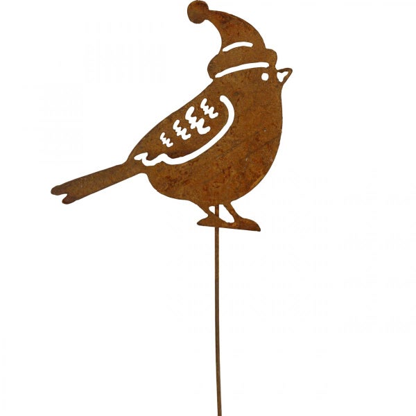 Gartenstecker Vogel mit Weihnachtsmütze aus Metall