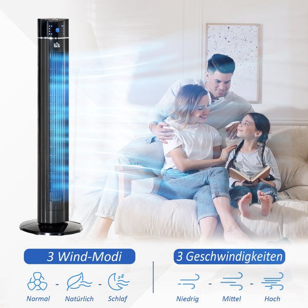 HOMCOM 2-in-1 Turnmventilator Standventilator Ventilator mit Fernbedienung Säulenventilator Ionisator Timerfunktion 3 Belüftungsstufen 60° Oszillation 60W 32 x 32 x 106,8 cm, Schwarz