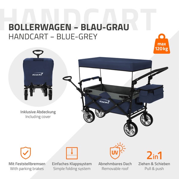 Hauki Bollerwagen XXL faltbar mit Dach & Tasche, Blau-Grau, Handwagen klappbar zum Schieben & Ziehen, Transportwagen für Kinder, 360° drehbare Vorderräder, PU Räder mit Bremsen, Transportkarre 120 kg