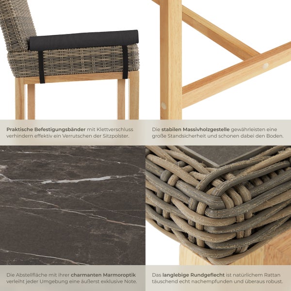 Rattan Tisch Lovas mit 4 Stühlen Latina tectake  Beine aus Holz mit Aluminiumgestellen natur