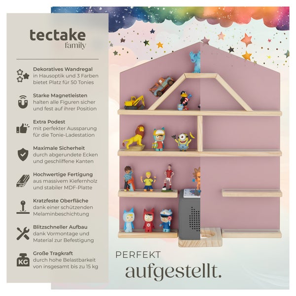 Wandregal tectake Mylittle Story 50 x 15,5 x 60 cm, unsichtbare Aufhängung für bis zu 50 Tonies pink