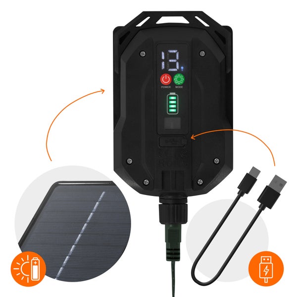 Schwarzes Steuergerät mit Display, Solarladungssymbol und USB-Ladekabel