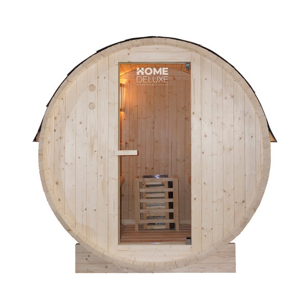 Fasssauna aus Holz von Home Deluxe mit verglaster Eingangstür und integriertem Saunaofen