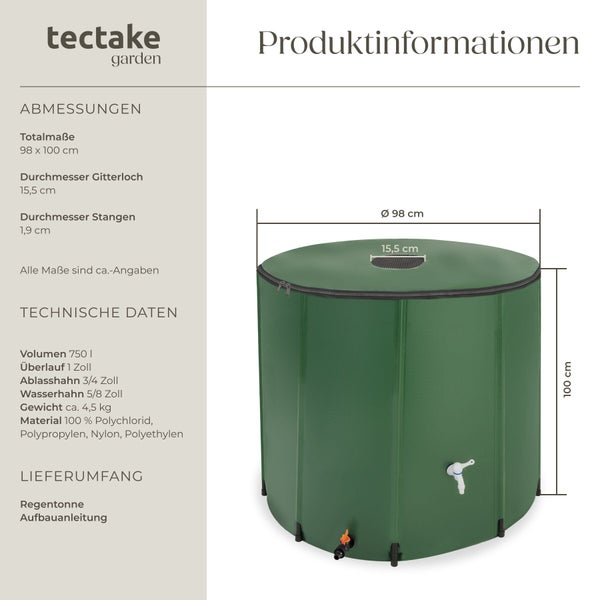 Tectake Garden Regentonne 750 Liter mit technischen Daten und Maßangaben in Zentimeter