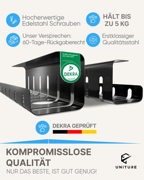 Uniture Kabelwanne aus Edelstahl, Tragkraft bis zu 5 Kilogramm, DEKRA geprüft, inklusive hochwertiger Schrauben.