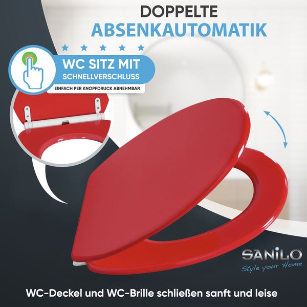 WC-Sitz von Sanilo mit doppelter Absenkautomatik und Schnellverschluss per Knopfdruck. Sanilo Logo.
