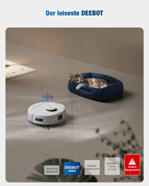 Szene mit einem weißen Saugroboter, der sich in der Nähe eines Katzenbettes befindet, in dem eine Katze schläft.