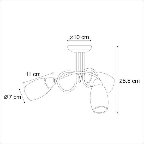 Technische Zeichnung einer Deckenleuchte mit drei Leuchtenarmen und Maßangaben