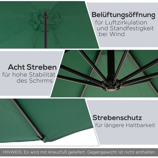 Outsunny Sonnenschirm, Ampelschirm mit Handkurbel Rund, Stahlbogenstäbe und Stahl-Stehstäbe, Ø2,95 x 2,45H m, Polyestergewebe, Grün