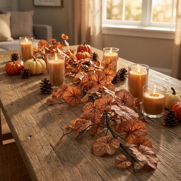 Herbstliche Tischdekoration mit brennenden Stumpenkerzen in Glas, kleinen Zierkürbissen, Pinienzapfen und einer herbstlichen Blattgirlande.