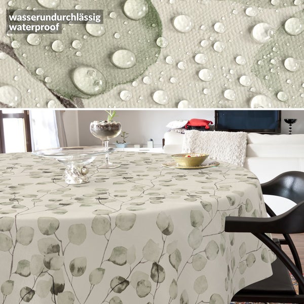 Runde, wasserundurchlässige Tischdecke mit Eukalyptus-Blättermuster und Detailansicht abperlender Wassertropfen.