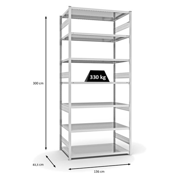 PROREGAL Fachbodenregal Stecksystem T-Profil Heavy-Duty Grundregal HxBxT 300 x 130 x 80 cm 7 Ebenen Fachlast 330 kg Beidseitig Nutzbar Lichtgrau