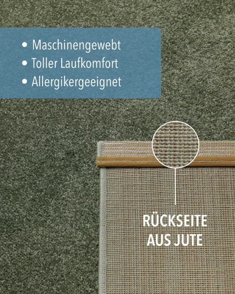 Maschinengewebter Teppich mit Rückseite aus Jute, allergikergeeignet und hoher Laufkomfort.