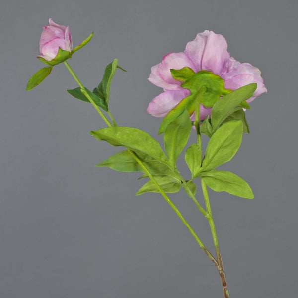 Künstliche Pfingstrose am Stiel mit einer Blüte und einer Knospe in Rosa.