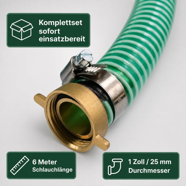 Saugschlauch Set 6 Meter Länge mit 1 Zoll Durchmesser inklusive vormontierter Messing Kupplung und Schlauchschelle