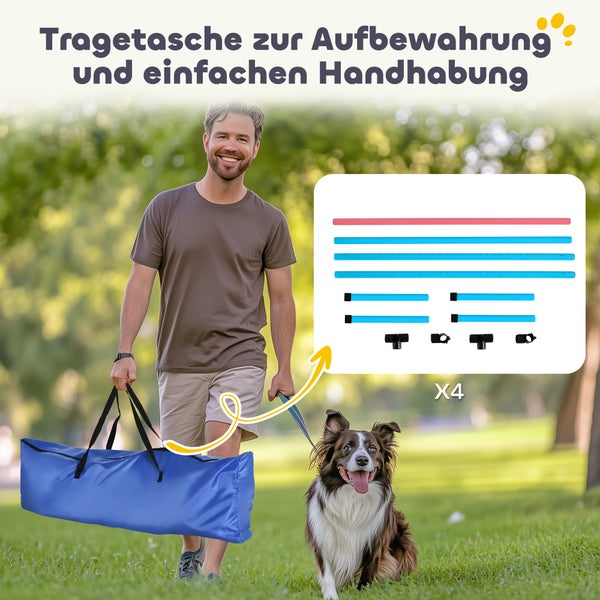 Mann trägt blaue Tragetasche für Hundezubehör im Freien. Tasche zur Aufbewahrung und zum einfachen Transport von Agility Stangen.