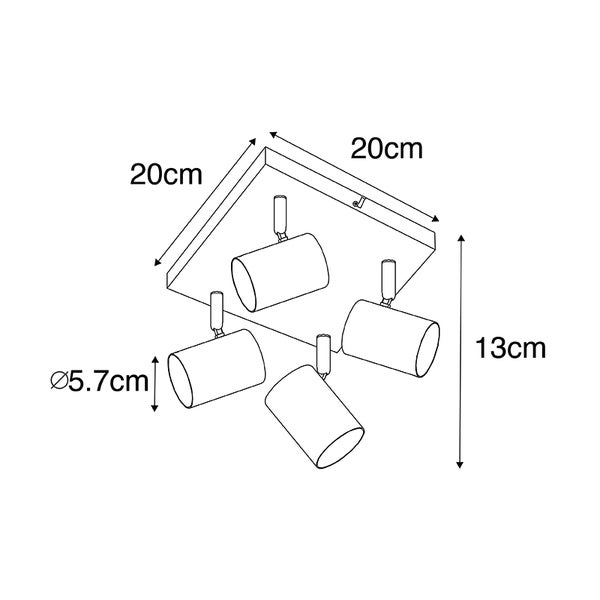 Technische Zeichnung einer Deckenleuchte mit vier Strahlern und den Maßen 20 x 20 x 13 Zentimeter, Durchmesser 5,7 Zentimeter