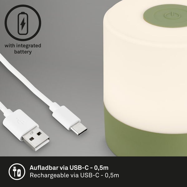 Wiederaufladbare Leuchte mit integriertem Akku und 0,5 Meter langem USB-C-Ladekabel.