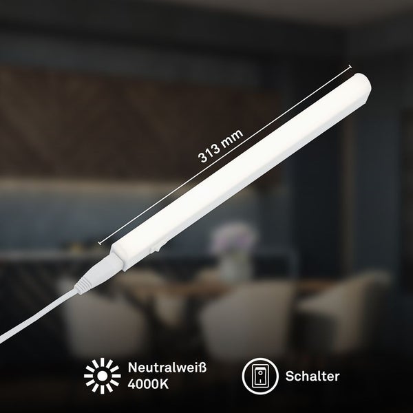 LED-Unterbauleuchte mit einer Länge von 313 Millimeter, neutralweißem Licht mit 4000 Kelvin und integriertem Schalter.