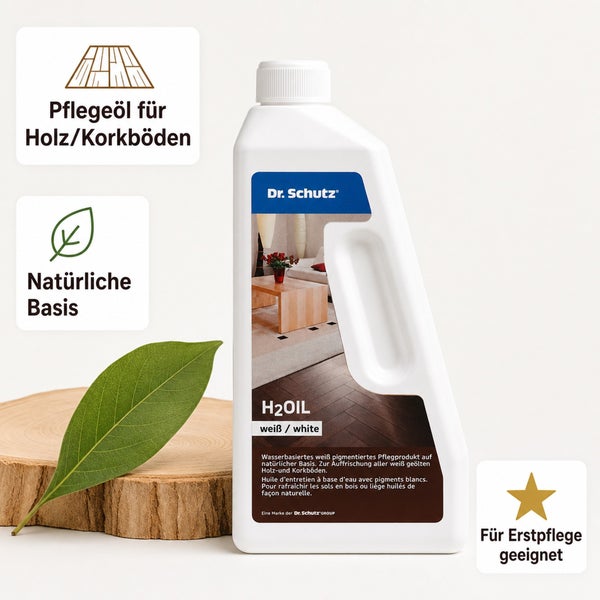Dr Schutz H2OIL weiß Pflegeöl für Holz und Korkböden in der Flasche mit Anwendungshinweisen und Icons für natürliche Basis und Erstpflege