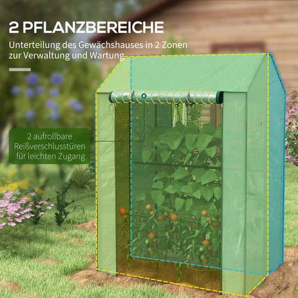 Kleines Gewächshaus mit zwei Pflanzzonen und zwei aufrollbaren Reißverschlusstüren, das Tomatenpflanzen im Garten schützt.