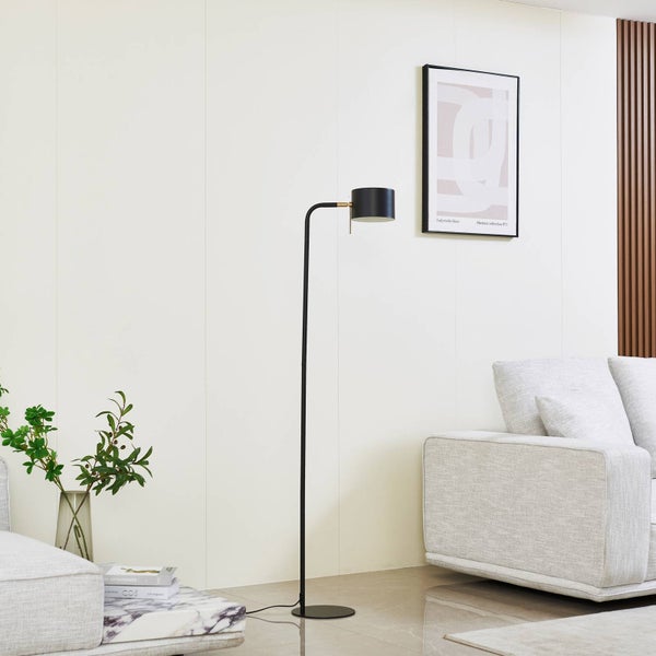 Wohnzimmer mit Stehlampe, Sofa und Dekoration