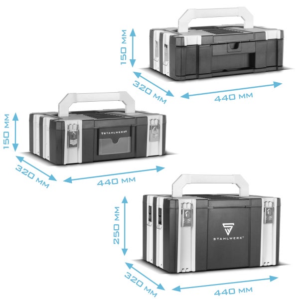 Stahlwerk Werkzeugkoffer mit den Maßen 440 mm x 320 mm x 150 mm und 440 mm x 320 mm x 250 mm