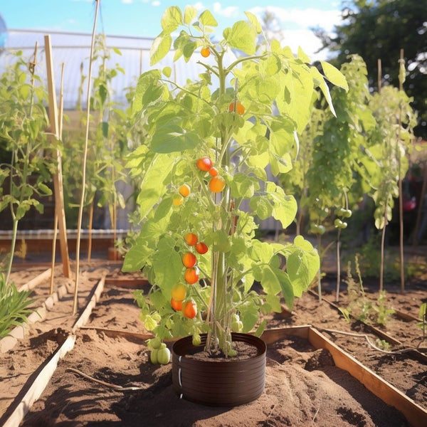 Tomatenpflanze in einem runden Kunststoffpflanztopf im Gemüsegarten mit angedeuteten Holzrahmenbeeten und einer Rankhilfe im Hintergrund.