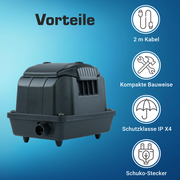 Kompakte Pumpe mit 2 Meter Kabel, Schutzklasse IP X4 und Schuko-Stecker.