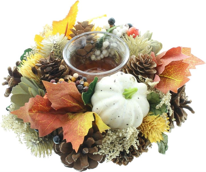 Dekoleidenschaft Windlicht Herbst kleiner bunter Dekokranz Ø 19 cm mit Glaswindlicht, Tischkranz