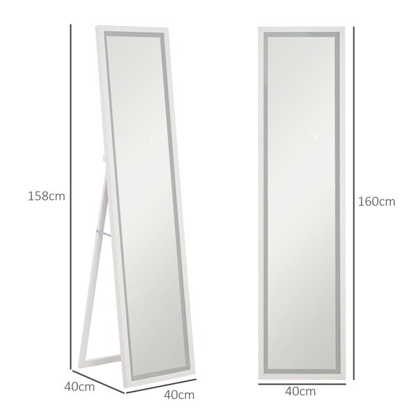 HOMCOM Ganzkörperspiegel 40 x 160 cm Standspiegel mit LED Lichte, Wandspiegel mit Touch-Steuerung, Bodenspiegel für Schlafzimmer, Wohnzimmer, Weiß