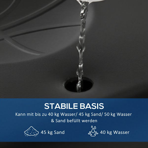 Stabile Sonnenschirmständer-Basis, befüllbar mit 40 Kilogramm Wasser oder 45 Kilogramm Sand für einen sicheren Stand.