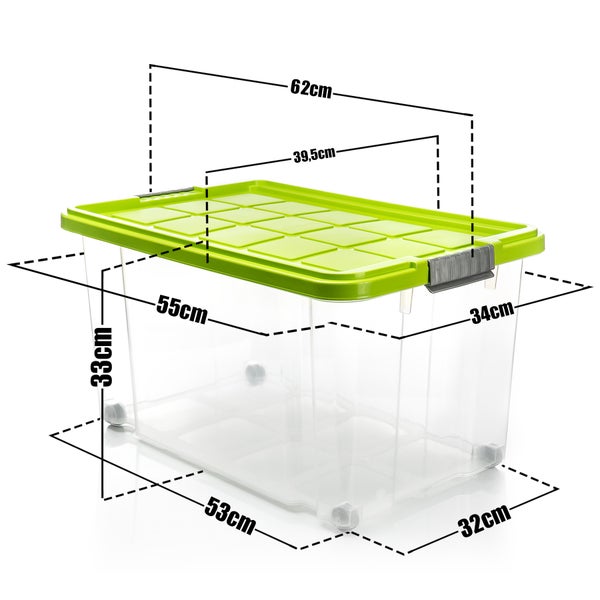 BigDean 4 Stück 60 L Aufbewahrungsbox mit Deckel groß limegrün - stapelbare robuste Box BPA-frei - rollbare Stapelbox mit festen Klickverschlüssen - Made in Germany
