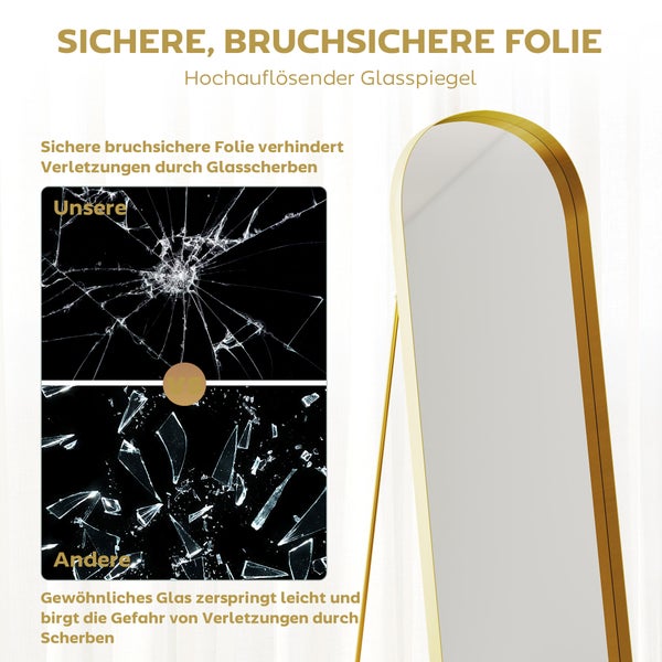 Sichere splitterfeste Folie auf einem hochauflösenden Glasspiegel verhindert Verletzungen durch Glasscherben.