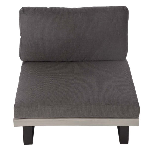 Graues Garten-Loungemodul mit Sitz- und Rückenkissen aus Cordstoff auf einem Holzgestell.