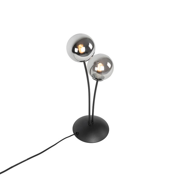 Tischleuchte mit zwei Glaskugeln und einem runden, schwarzen Fuß