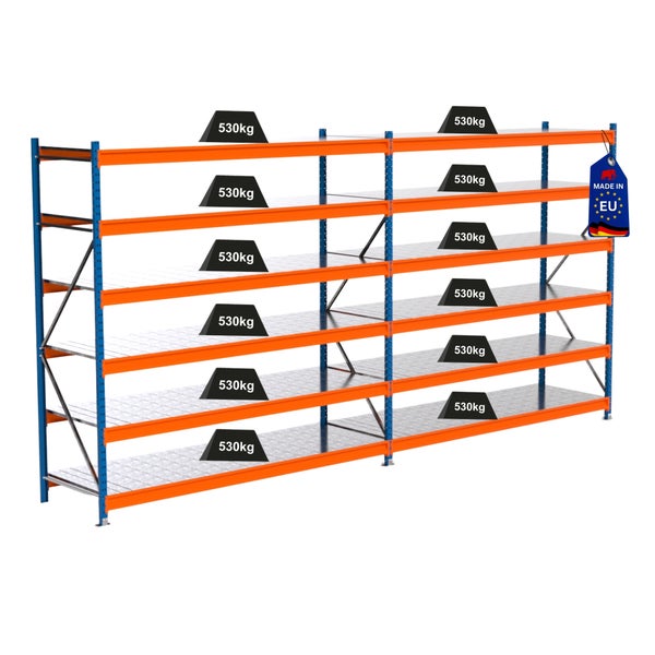 Regal mit Metallrahmen und mehreren Ebenen, jede Ebene ist für 530 Kilogramm Traglast geeignet, Made in EU Siegel