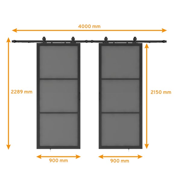 Loftschiebetür Doppelflügelig 1800x2150mm Grauglas getönt Stahl in schwarz, Komplettset