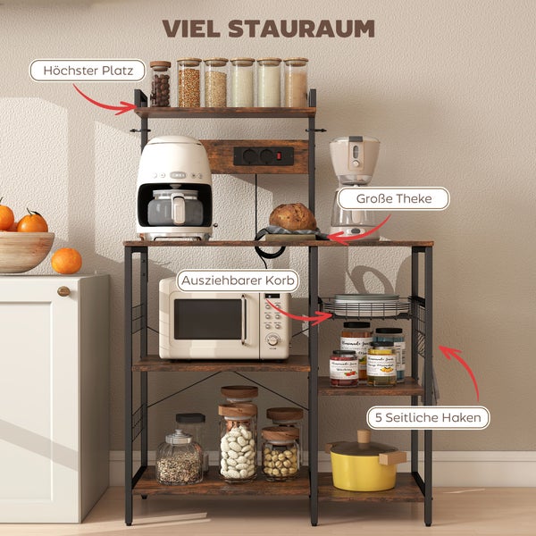 Modernes Küchenregal aus Metall und Holzoptik mit mehreren Ablagen, einem ausziehbaren Korb, fünf Haken und integrierter Steckdose.