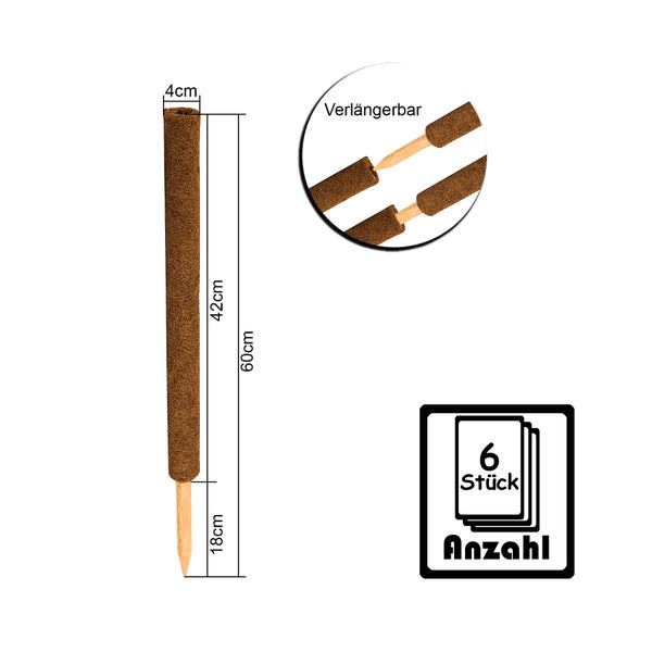 BigDean 6er Set Pflanzstäbe Kokos 60 cm - Monstera Rankhilfe Rankstäbe Stab Moosstäbe Pflanzenstäbe Kokosstäbe für Pflanzen - aus natürlicher Kokosfaser - verlängerbar