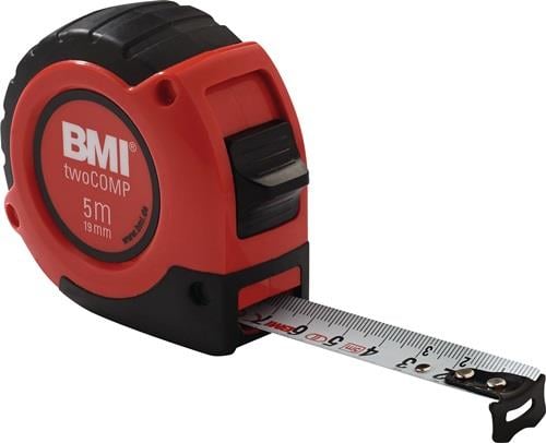 Rollmaßband BMI twoCOMP, 5 Meter Länge, 19 Millimeter Breite, rot und schwarz.