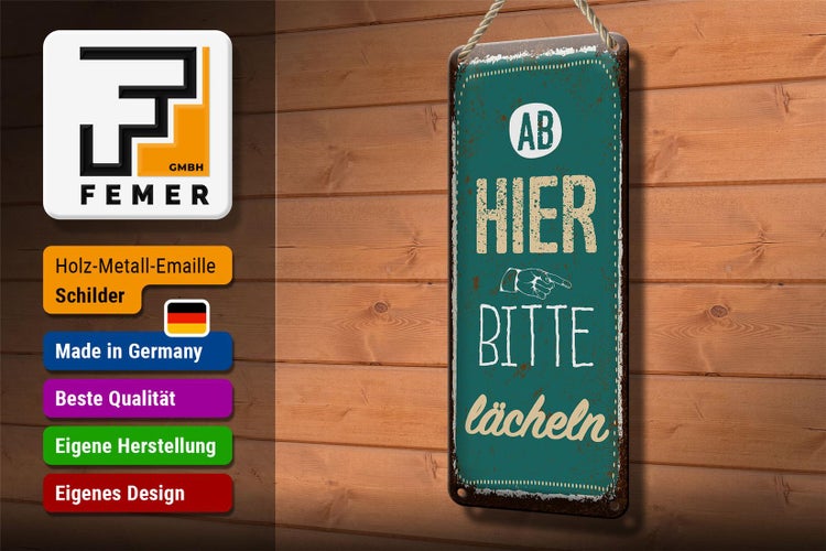 Blechschild Spruch Ab hier bitte lächeln Lachen Glück 10x27cm