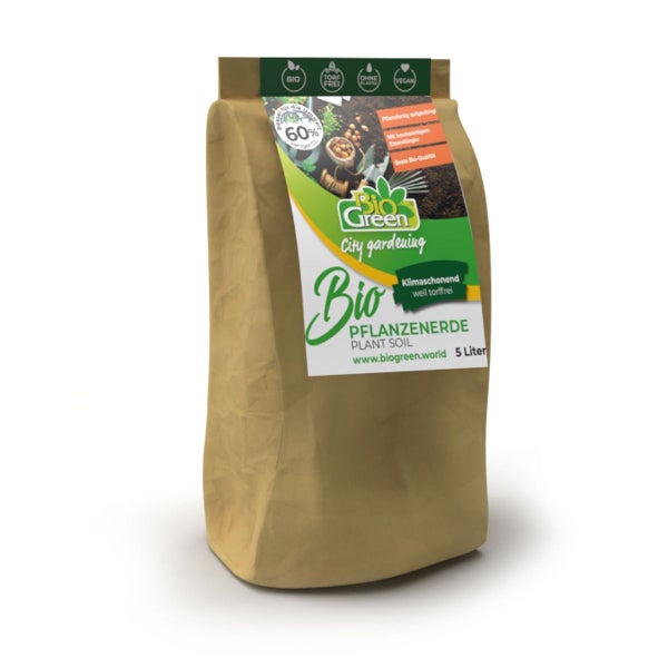 Bio Green City Gardening Bio Pflanzenerde, torffrei, vegan, plastikfrei, 5 Liter