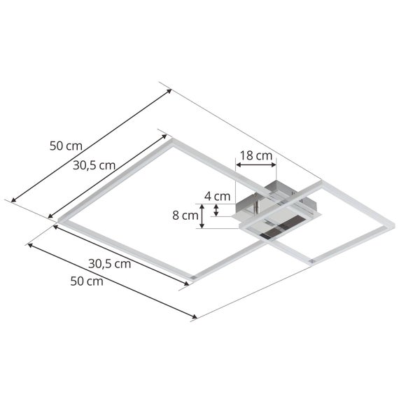 Maßskizze einer quadratischen Deckenleuchte mit zwei Rahmen, Außenmaße 50 mal 50 Zentimeter, Gesamthöhe 8 Zentimeter.