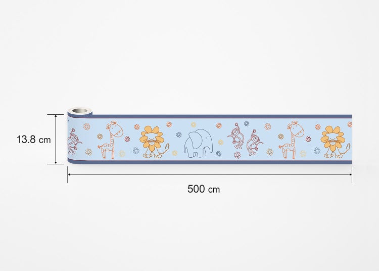 Tapetenbordüre für das Kinderzimmer mit Tiermotiven wie Giraffe, Löwe, Elefant und Affe, Maße 13,8 Zentimeter mal 500 Zentimeter.