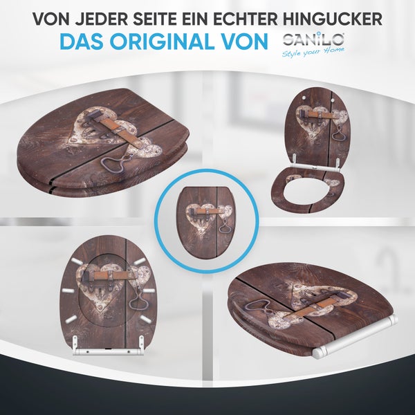 Sanilo WC-Sitz mit rustikalem Holz-Dekor und Herz-Schloss-Motiv, verschiedene Ansichten des Toilettendeckels.