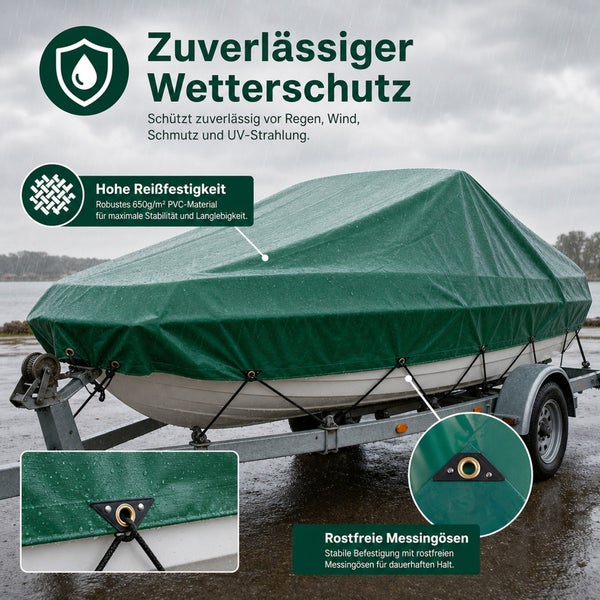 Robuste PVC Abdeckplane für Boote mit rostfreien Messingösen, wetterfest und UV beständig, idealer Schutz vor Regen und Wind.