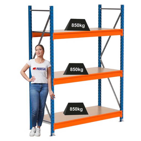 Metallregal mit drei Ebenen und einer Traglast von 850 Kilogramm pro Ebene