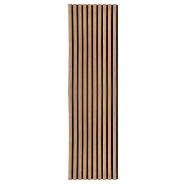 Akustikpaneel mit Holzlamellen in Eichenoptik auf dunklem Filz für Wandverkleidung.